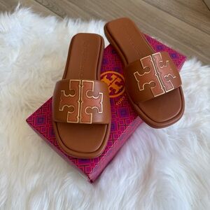 Tory Burch doublet sport slide leather sandals, women’s, aged camello/gold sz 8
